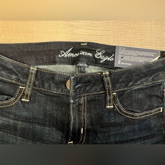 NWT American Eagle Dark Indigo Stretch Skinny Slim Fit Jeans Mid Low Rise Ripped - Picture 4 of 5